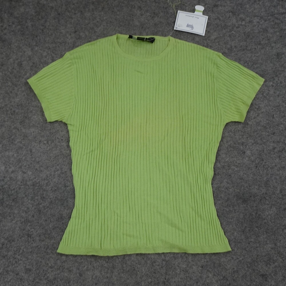 Central Park West Top Large L Green Cashmere Short Sleeve Ribbed Blouse Shirt